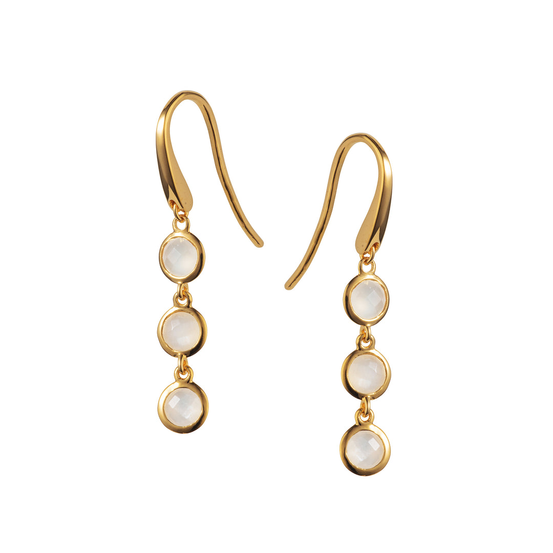 Gold earrings with three round white moonstones on a white background