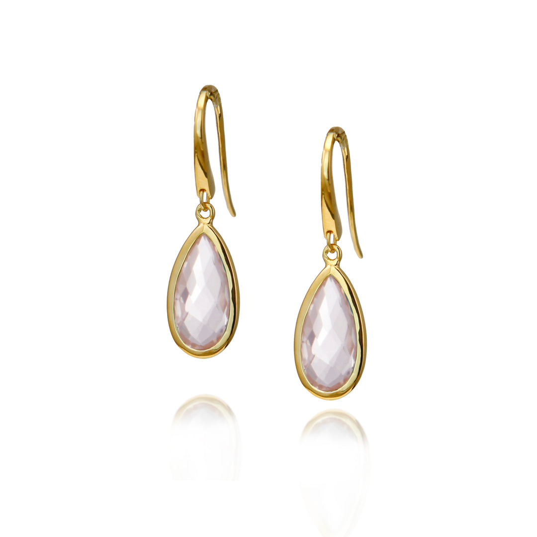 Teardrop shaped gold earrings with pale pink rose quartz gemstones on a white background