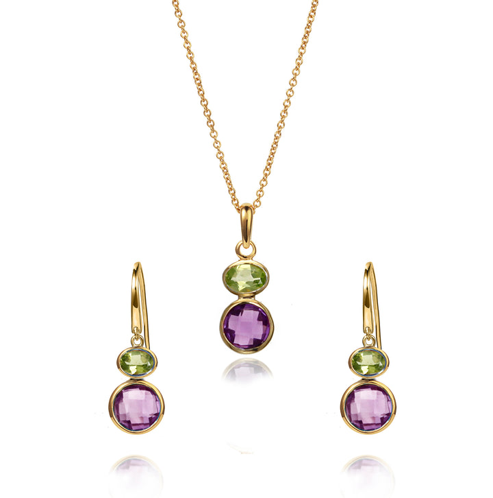 18ct gold vermeil earring and necklace set with amethyst & peridot gemstones