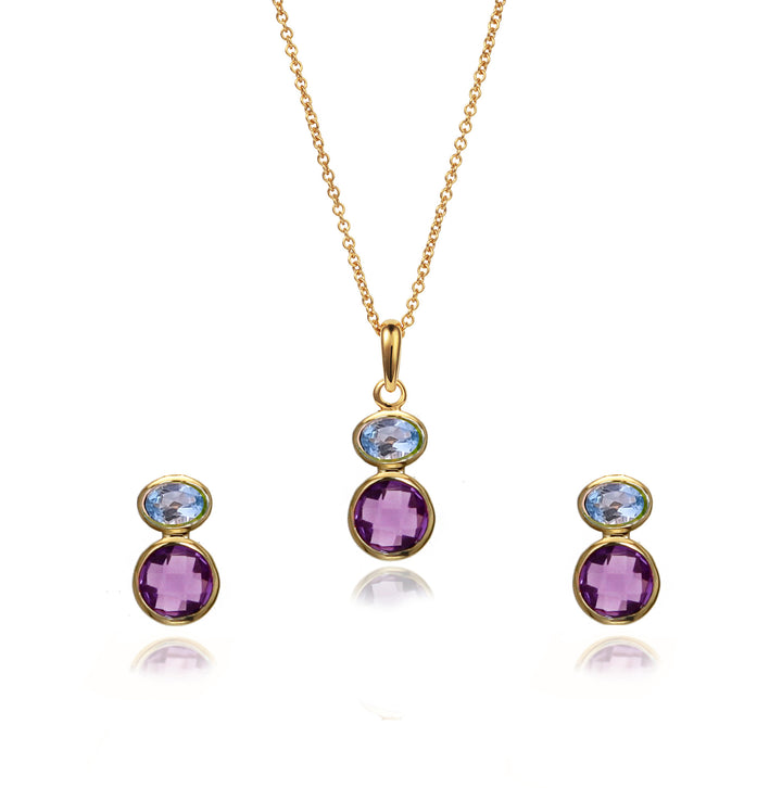 18ct gold vermeil earring and necklace set with amethyst & blue topaz