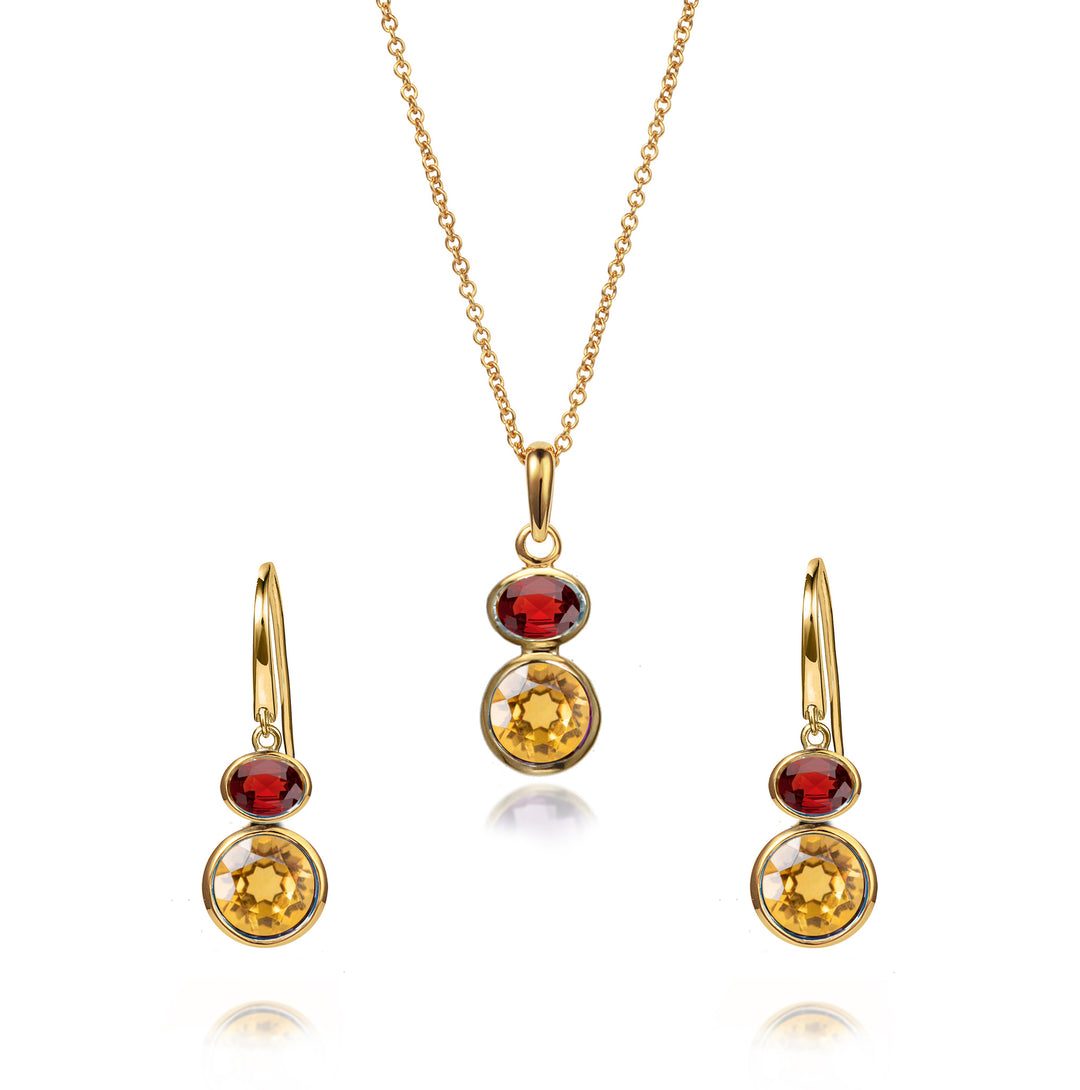 18ct gold vermeil drop earring and necklace set with citrine & garnet