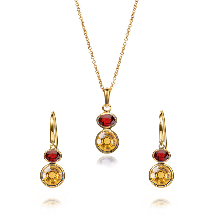 18ct gold vermeil drop earring and necklace set with citrine & garnet