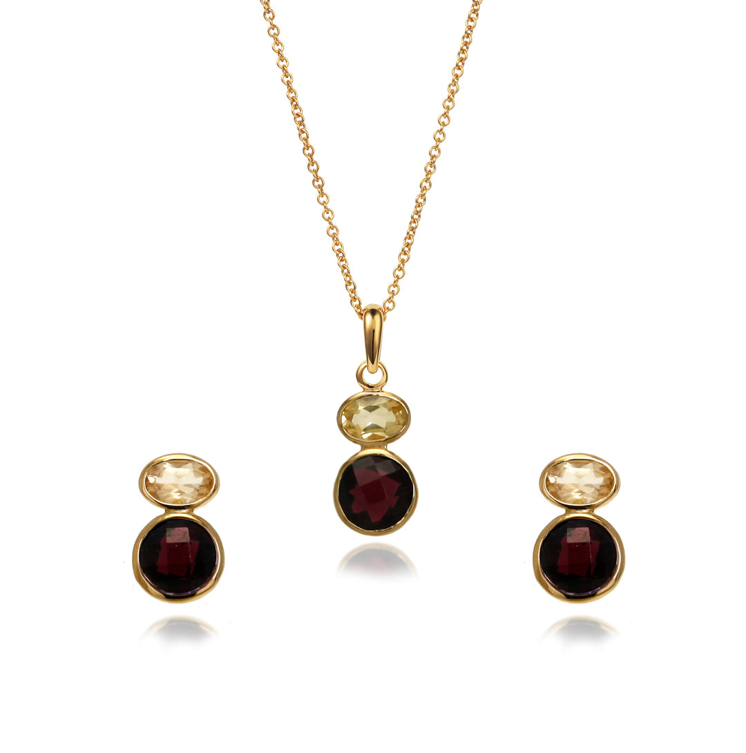 Garnet & citrine stud earring and necklace set in 18ct  gold vermeil