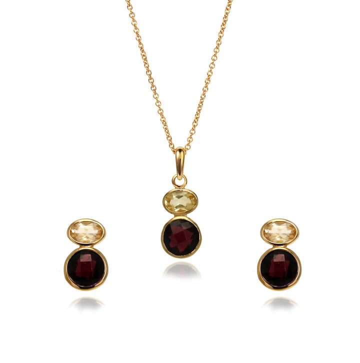 Garnet & citrine stud earring and necklace set in 18ct  gold vermeil