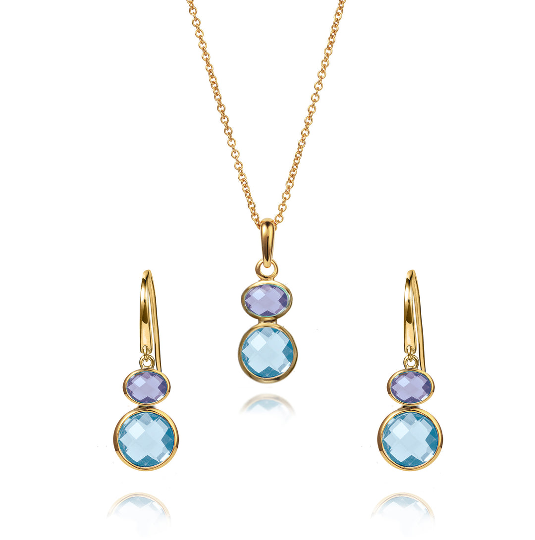 18ct gold vermeil earring and necklace set with blue topaz & amethyst