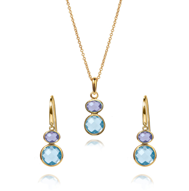 18ct gold vermeil earring and necklace set with blue topaz & amethyst