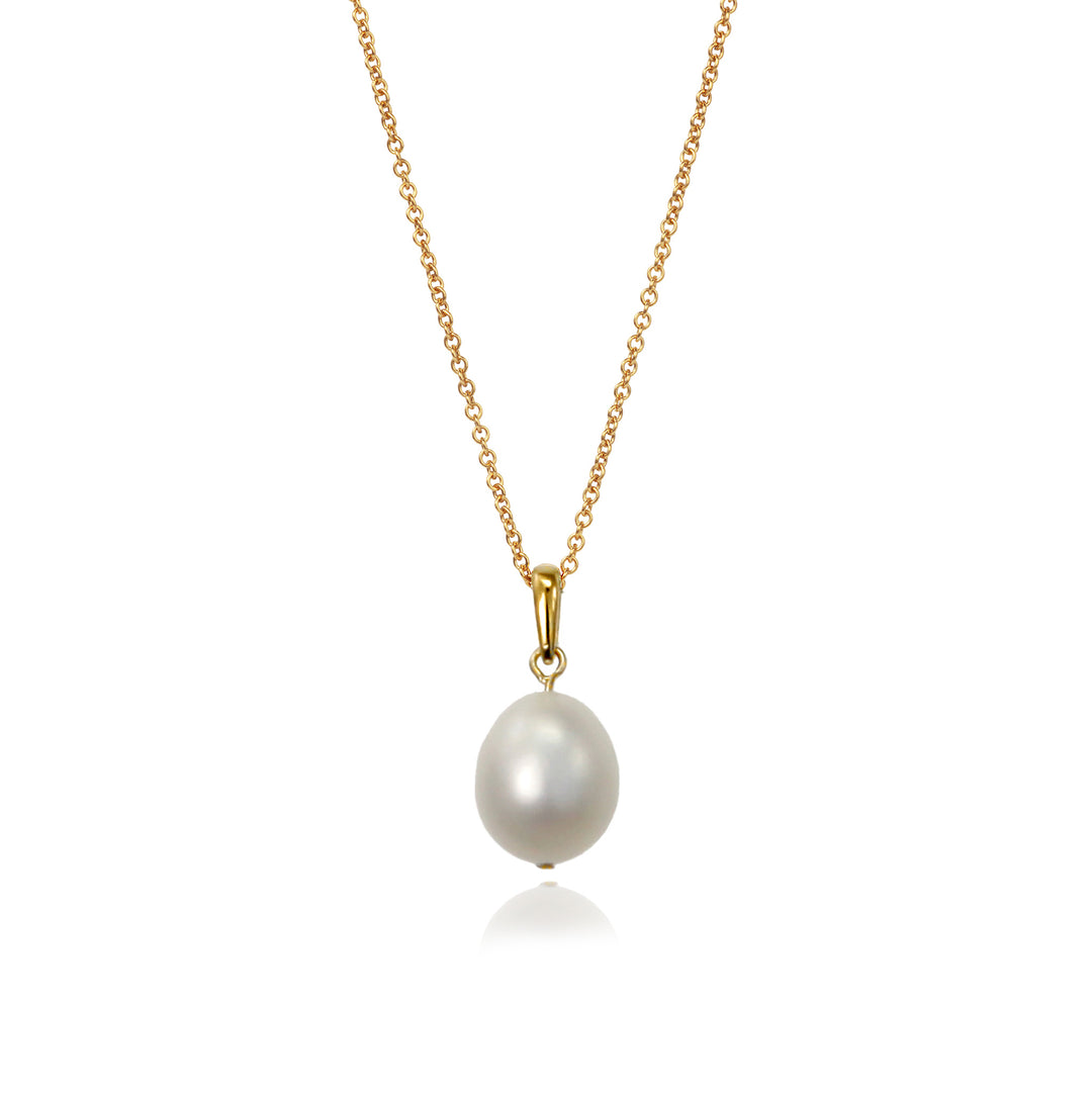 freshwater pearl on a gold chain against a white background
