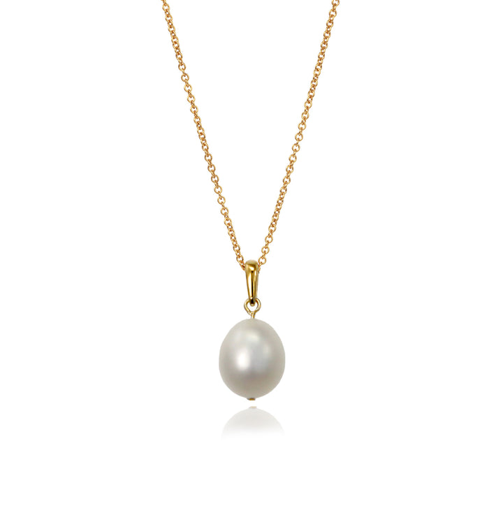 freshwater pearl on a gold chain against a white background