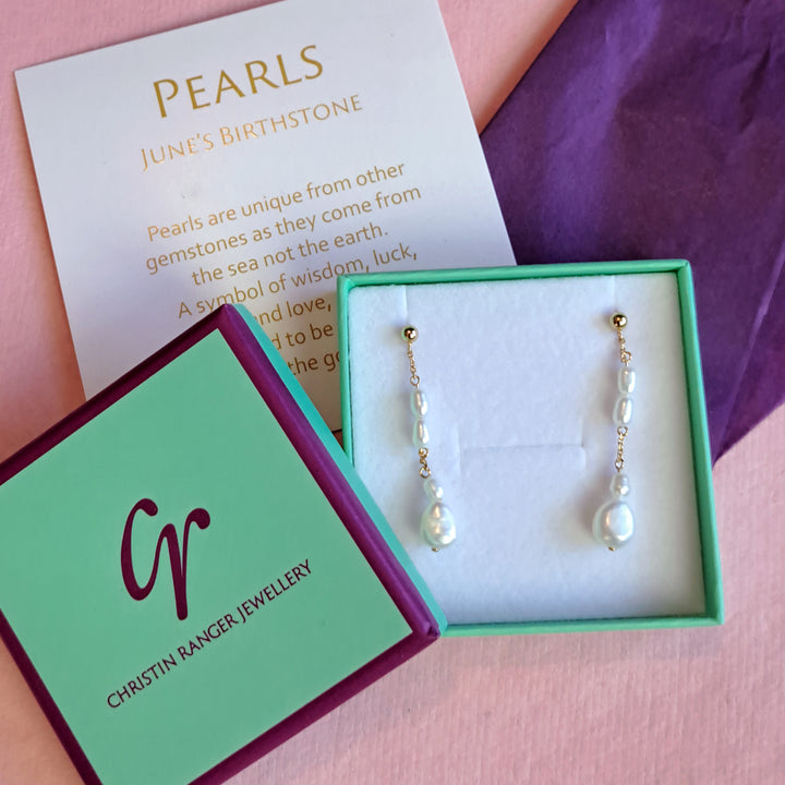 Gold vermeil freshwater pearl drop  studs in  Christin Ranger Jewellery gift packaging