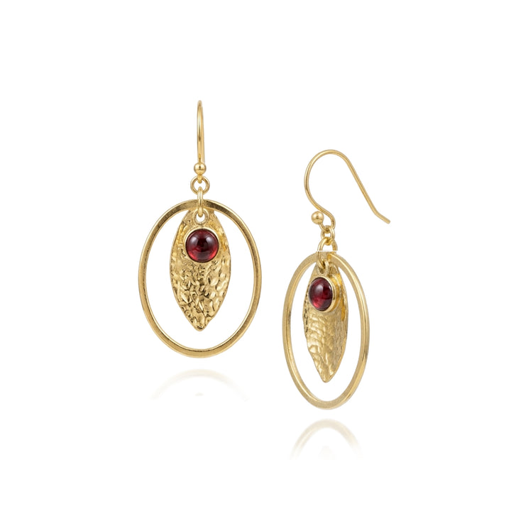 18ct gold vermeil garnet hoop drop earrings with hammered detail