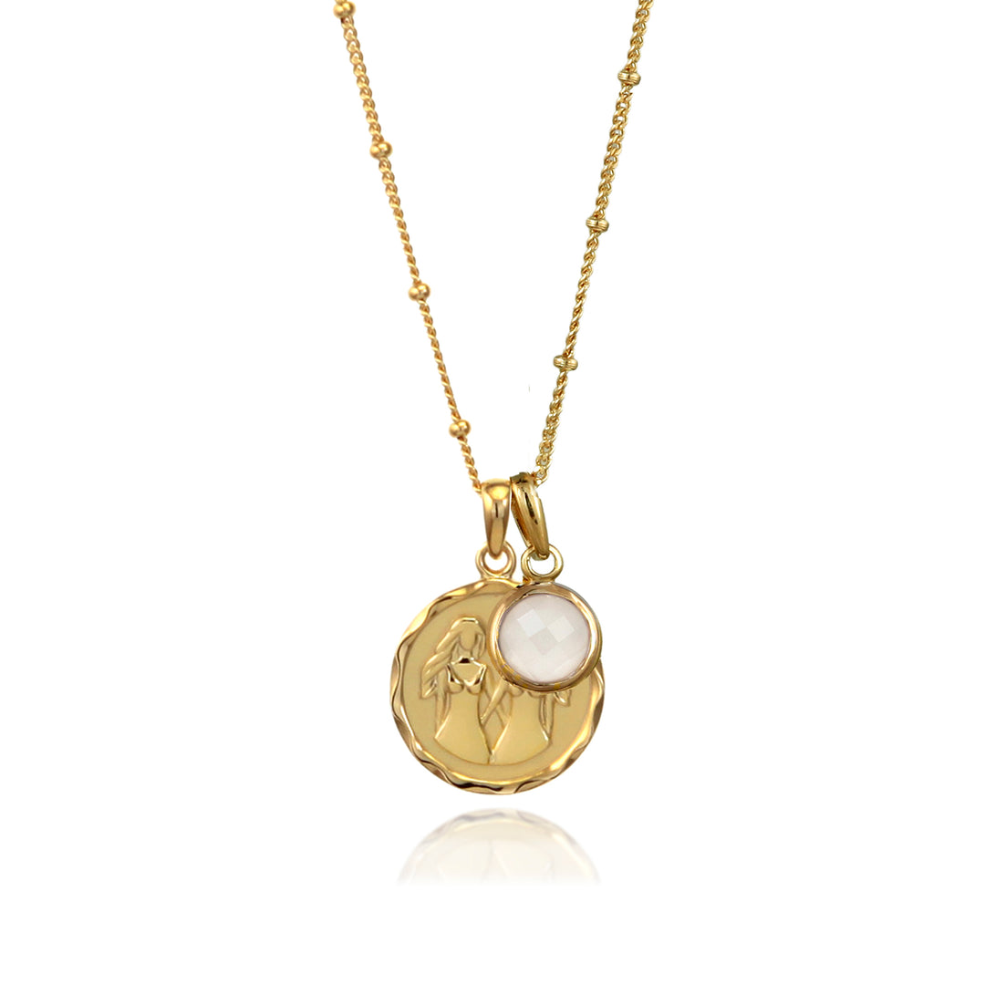 18t gold vermeil Gemini zodiac star sign pendant necklace with a June white moonstone birthstone charm