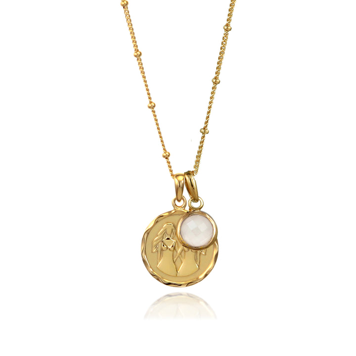 18t gold vermeil Gemini zodiac star sign pendant necklace with a June white moonstone birthstone charm