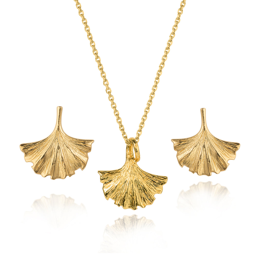 18ct gold vermeil ginkgo leaf earring and necklace set
