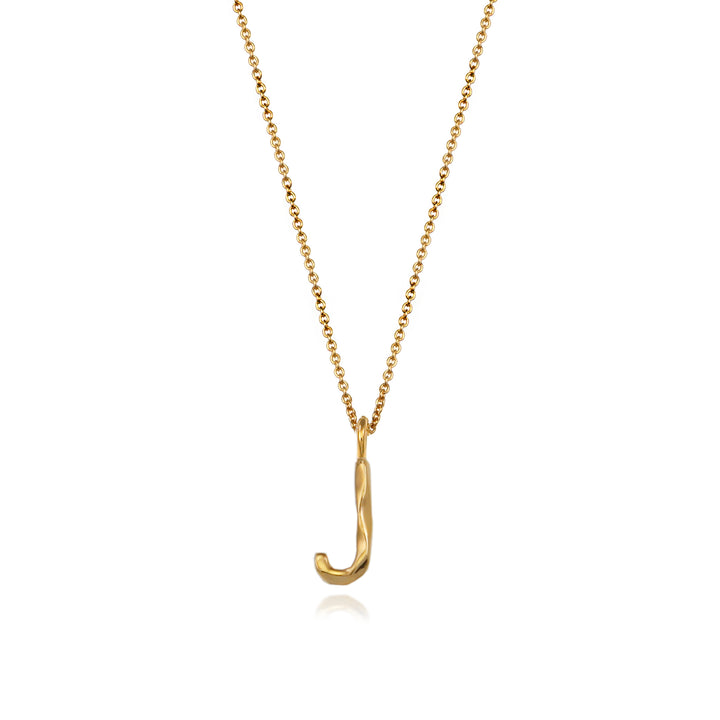 Gold vermeil letter J initial necklace pendant with chain on a white background.