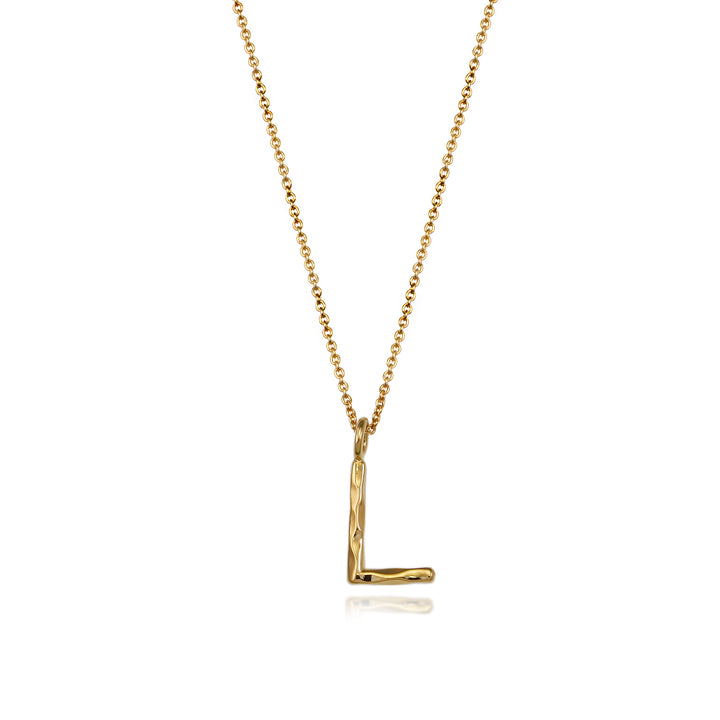 Gold vermeil letter L initial necklace pendant with chain on a white background.