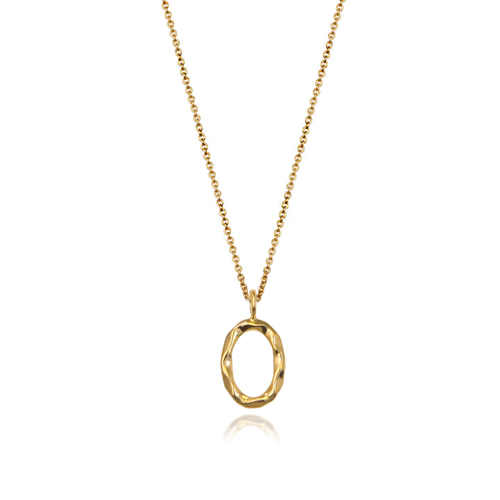 Gold vermeil letter O initial necklace pendant with chain on a white background.