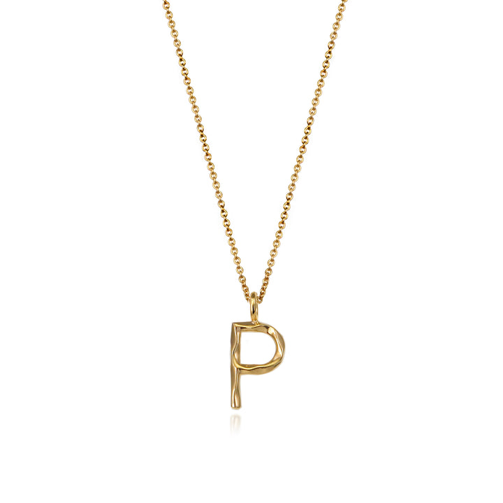 Gold vermeil letter P initial necklace pendant with chain on a white background.