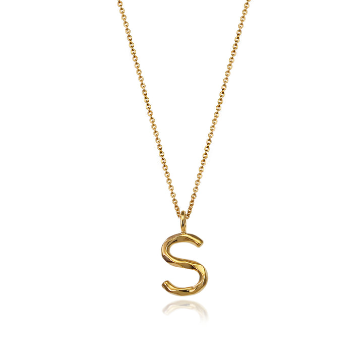 Gold vermeil letter S initial necklace pendant with chain on a white background.
