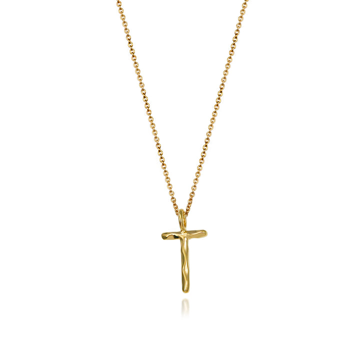 Gold vermeil letter T initial necklace pendant with chain on a white background.