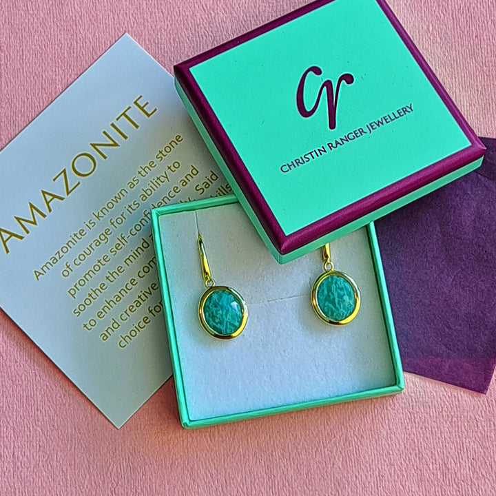 Gold vermeil oval drop earrings with amazonite in  a Christin Ranger Jewellery gift box