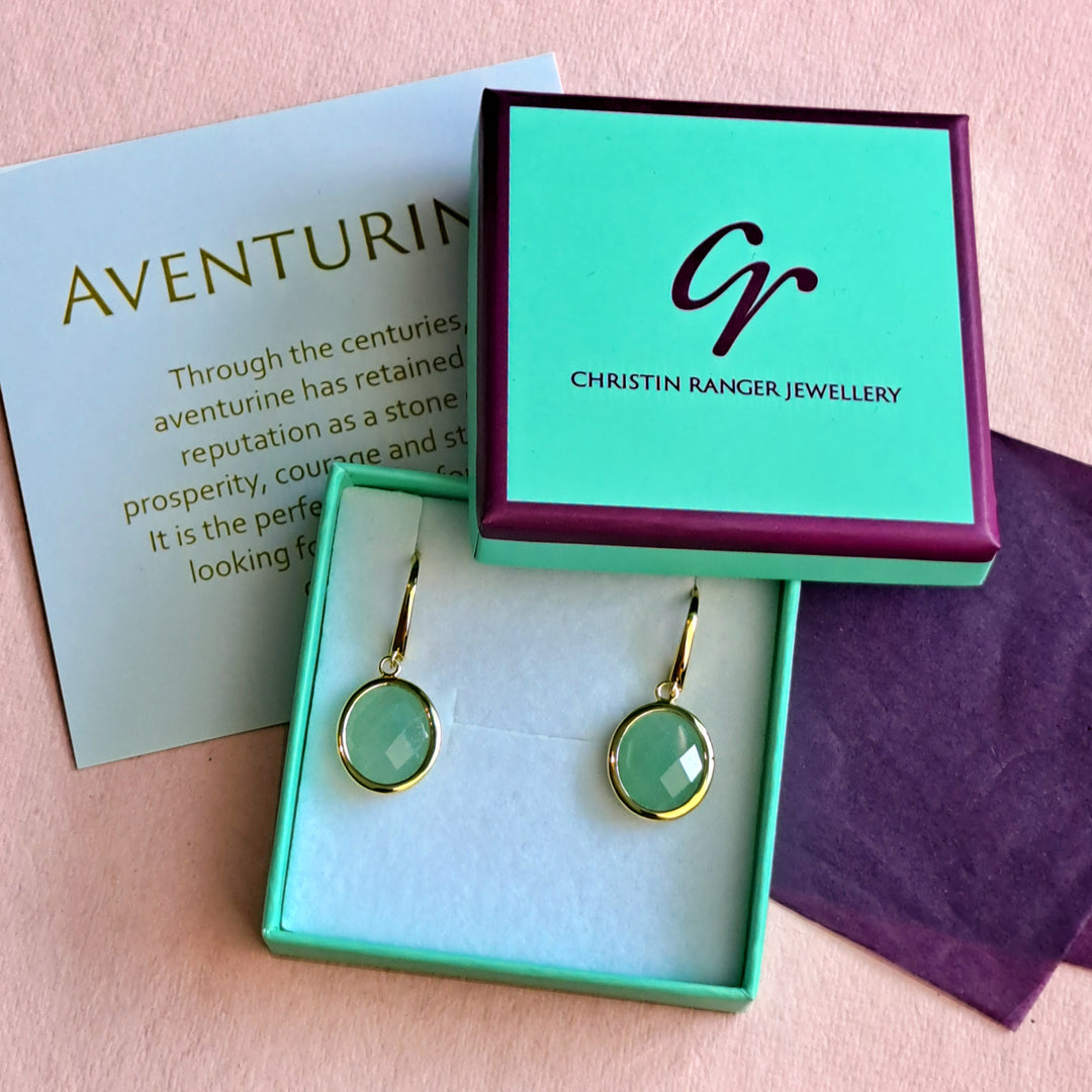 18ct gold vermeil oval drop earrings with jade-green aventurine gemstones in Christin Ranger Jewellery ift packaging