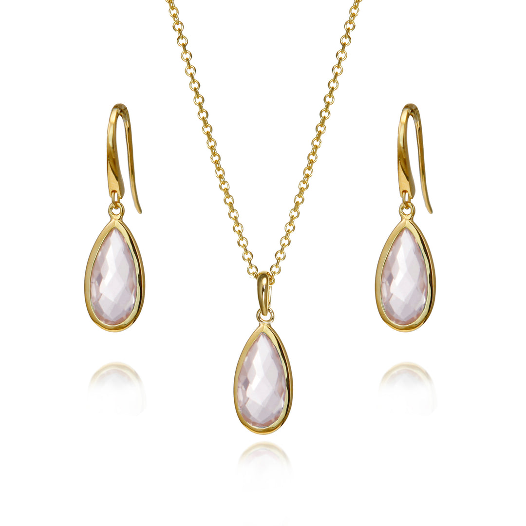 Rose quartz pear drop earring and necklace set in 18ct gold vermeil