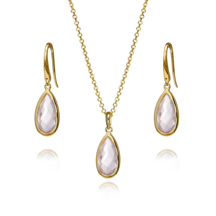 Rose quartz pear drop earring and necklace set in 18ct gold vermeil