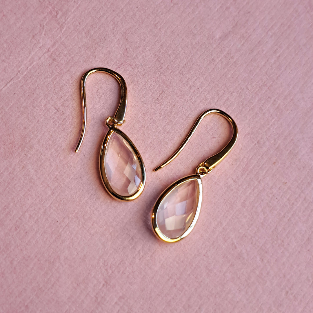 18ct gold vermeil pear drop earrings with rose quartz on alternative pink background