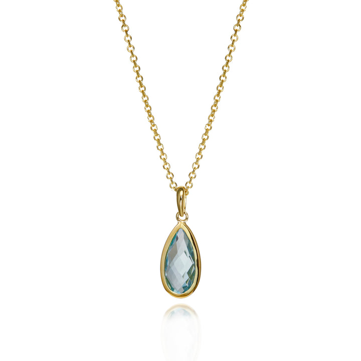 Gold pear drop pendant necklace with blue topaz