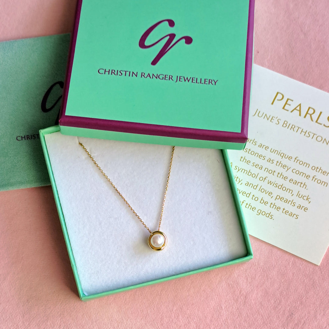 Gold vermeil pearl pendant necklace in Christin Ranger Jewellery gift packaging