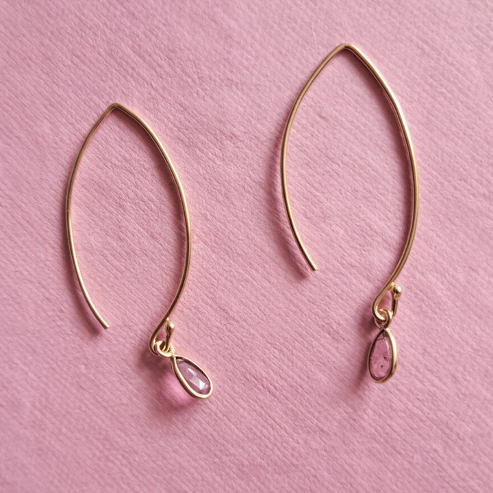 18ct gold vermeil pink tourmaline wishbone threader earrings in Christin Ranger gift packaging