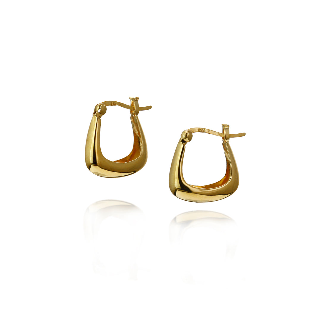 Small square gold hoop earrings on a white background