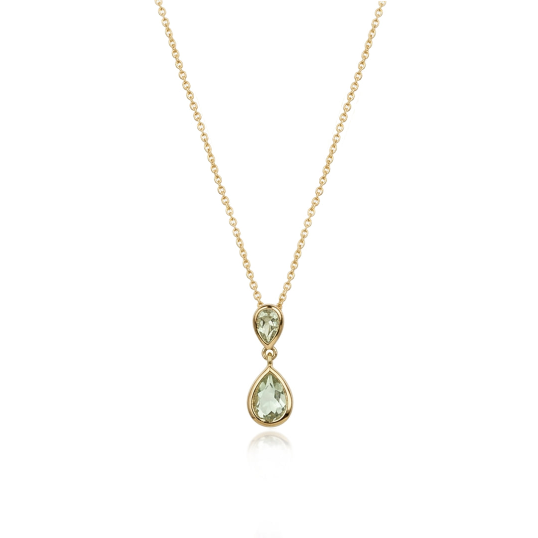 14ct gold two stone drop pendant necklace in green amethyst