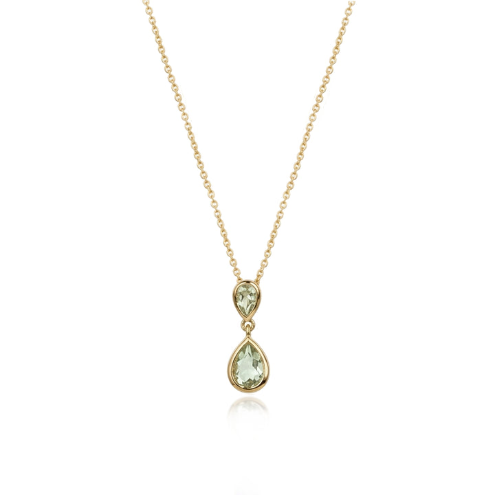 14ct gold two stone drop pendant necklace in green amethyst