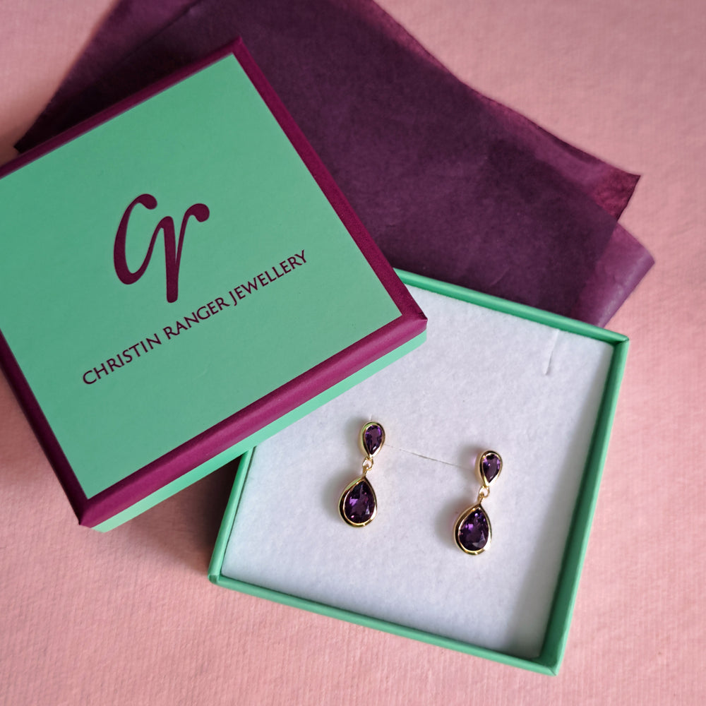 14ct gold-vermeil-two-stone-stud-earrings-amethyst in Christin Ranger Jewellery gift packaging