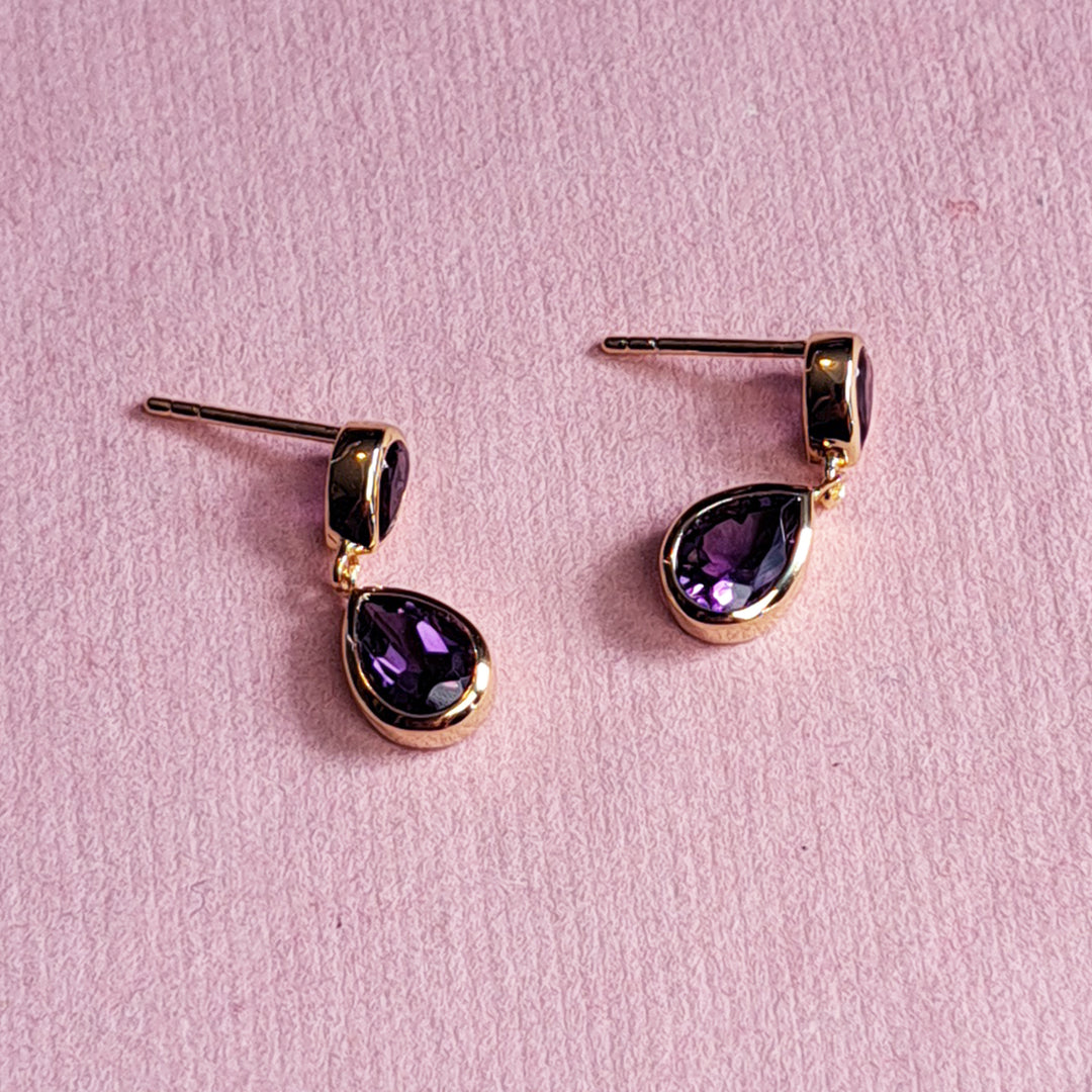 14ct gold-vermeil-two-stone-stud-earrings-amethyst on a pink background