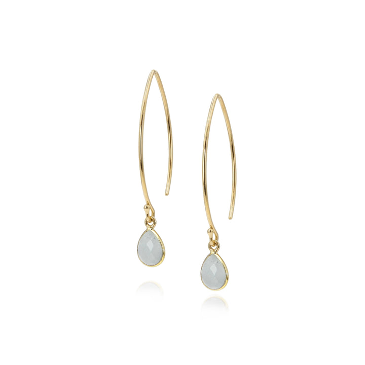 Image of gold wishbone style threader earrings with aquamarine teardrop shaped gemstone drops.
