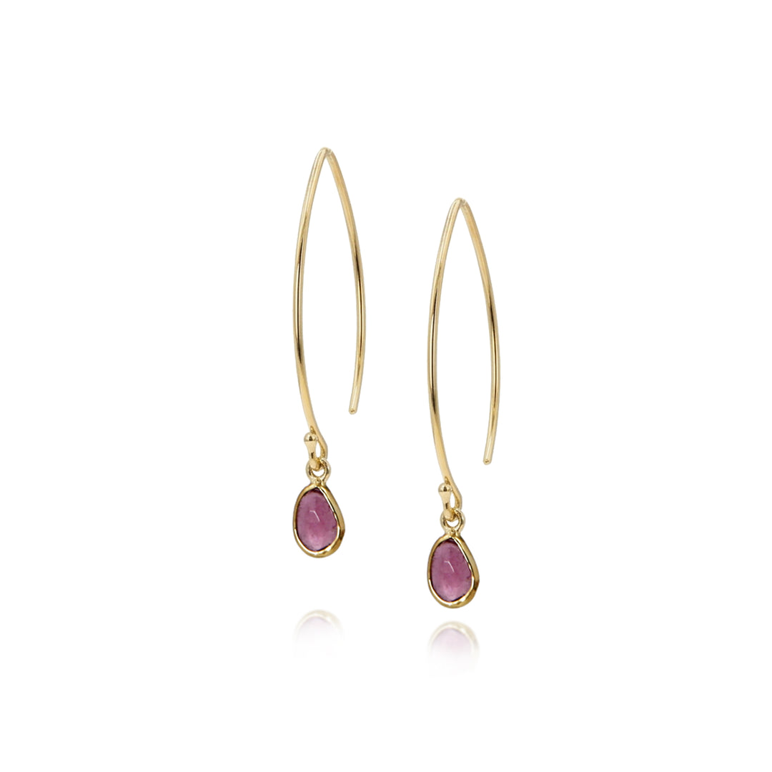 Image of gold wishbone style threader earrings with pink tourmaline pear-shaped gemstones.