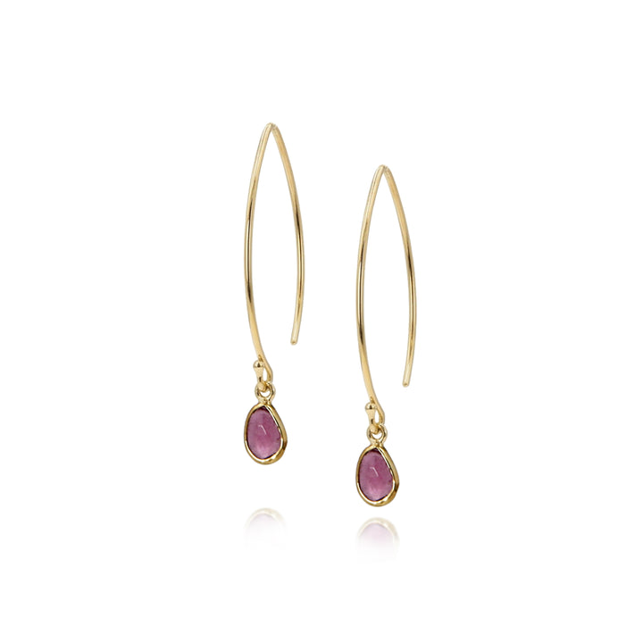 Image of gold wishbone style threader earrings with pink tourmaline pear-shaped gemstones.