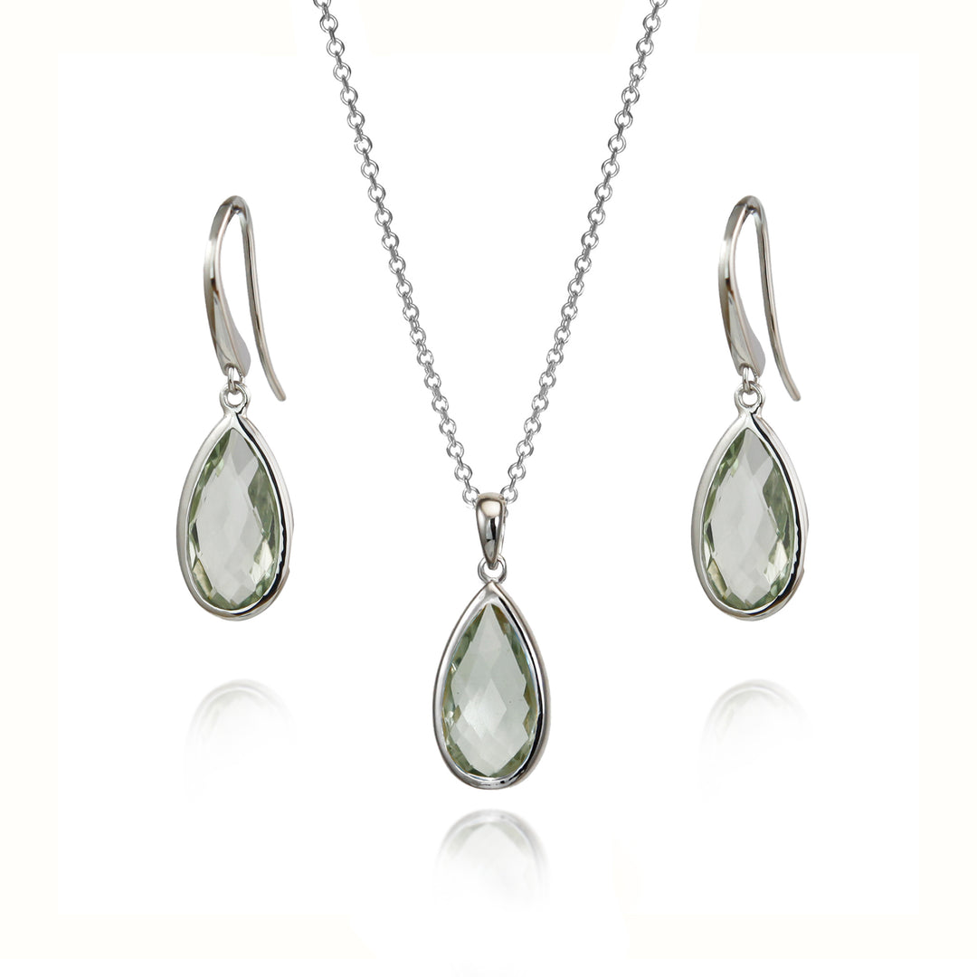 Green amethyst pear drop earring and necklace set with sterling silver