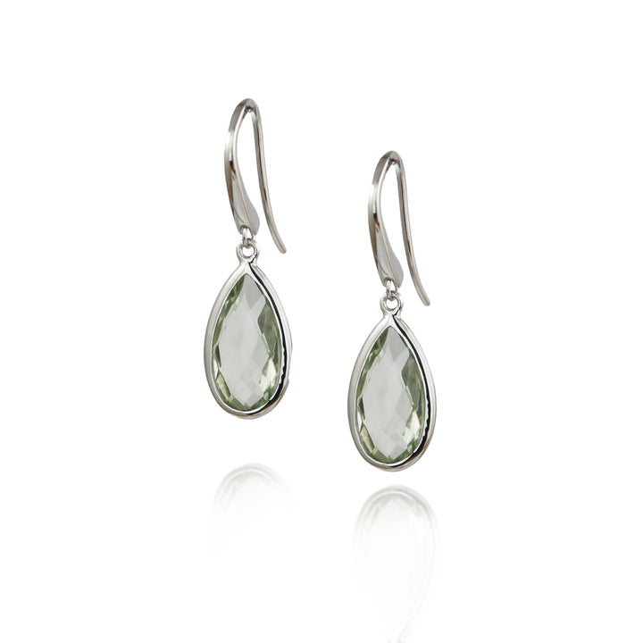 Silver teardrop earrings with pale green amethyst gemstones on hooks