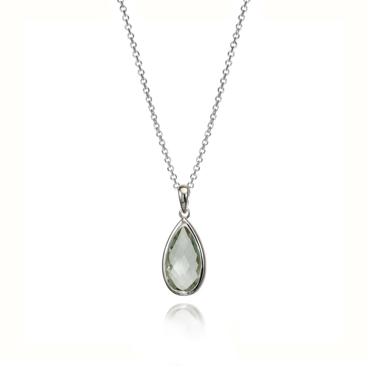 Silver teardrop-shaped pendant necklace with a pale green amethyst  gemstone on a white background