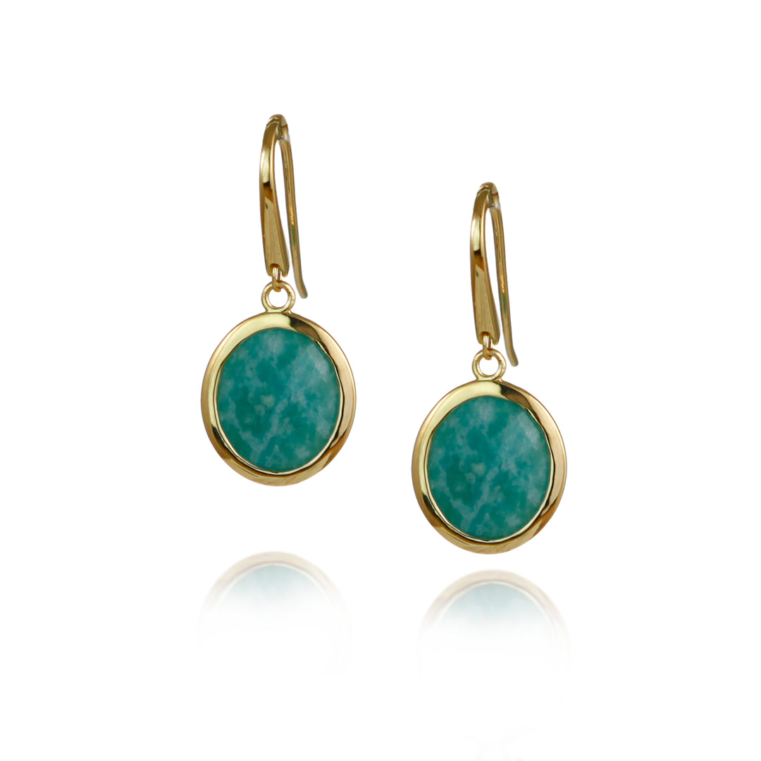 Gold amazonite drop earrings with green gemstones on a white background