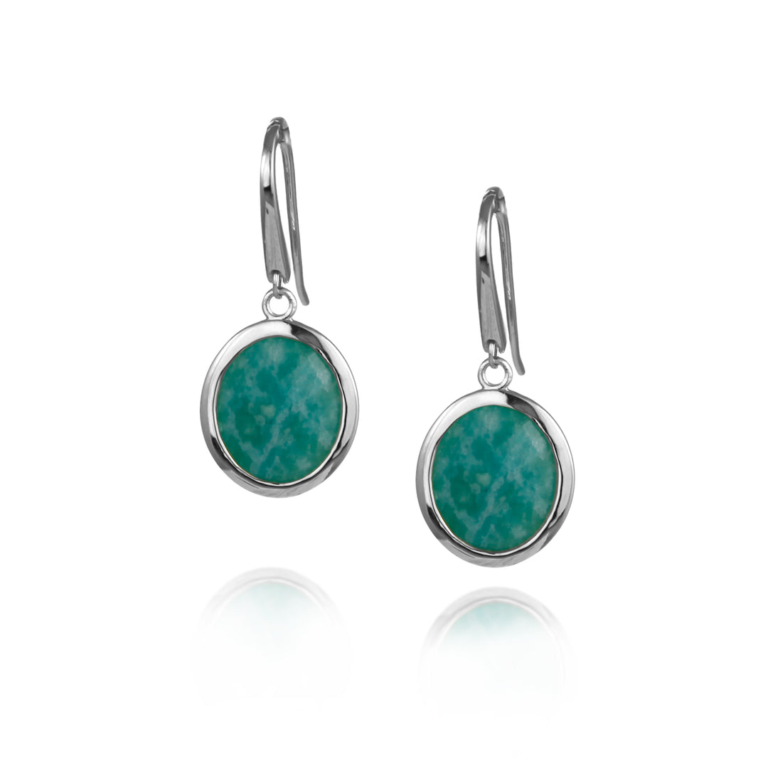 Pair of silver aventurine drop earrings with green gemstones on a white background