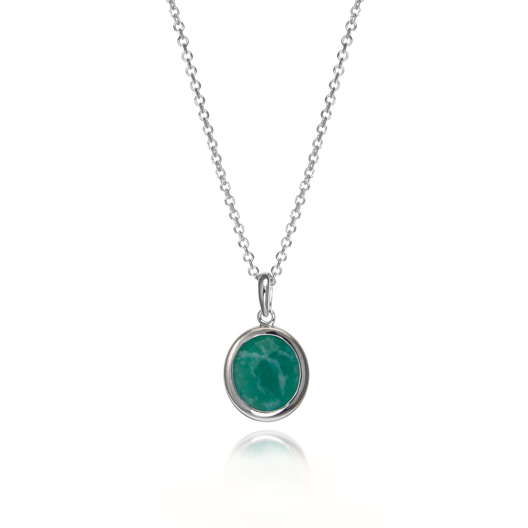 Silver amazonite necklace with a green gemstone on a white background