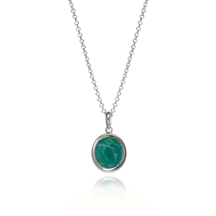 Silver amazonite necklace with a green gemstone on a white background
