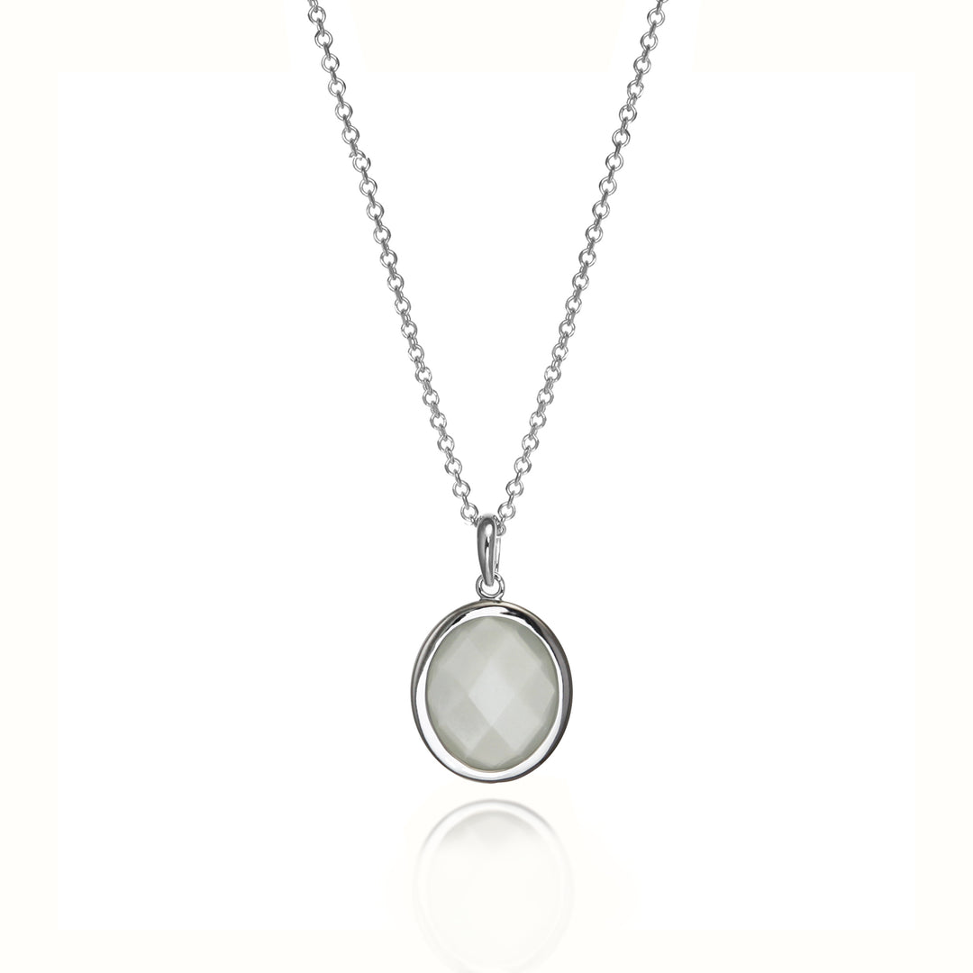 Silver moonstone necklace with white gemstone on a white background