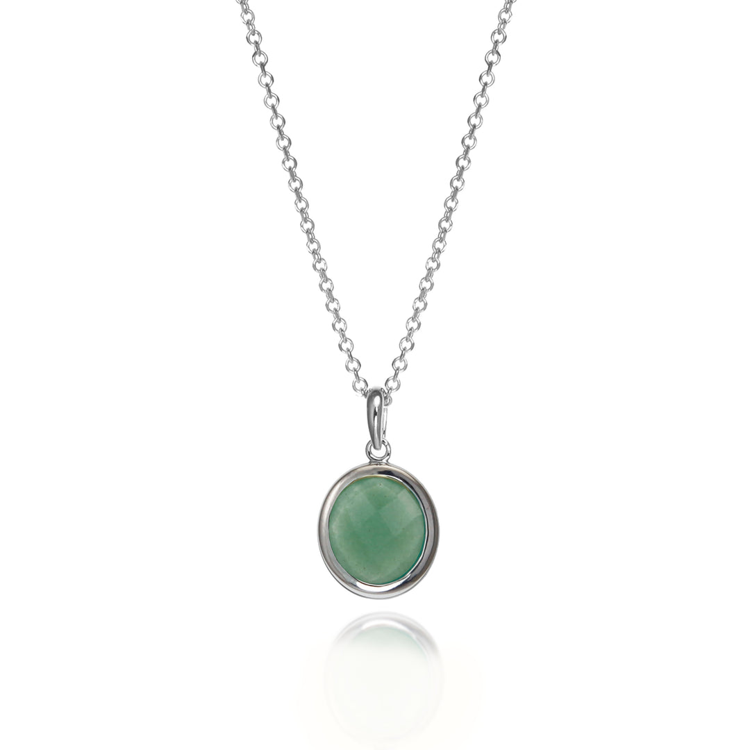 Silver necklace with a green aventurine gemstone on a white background