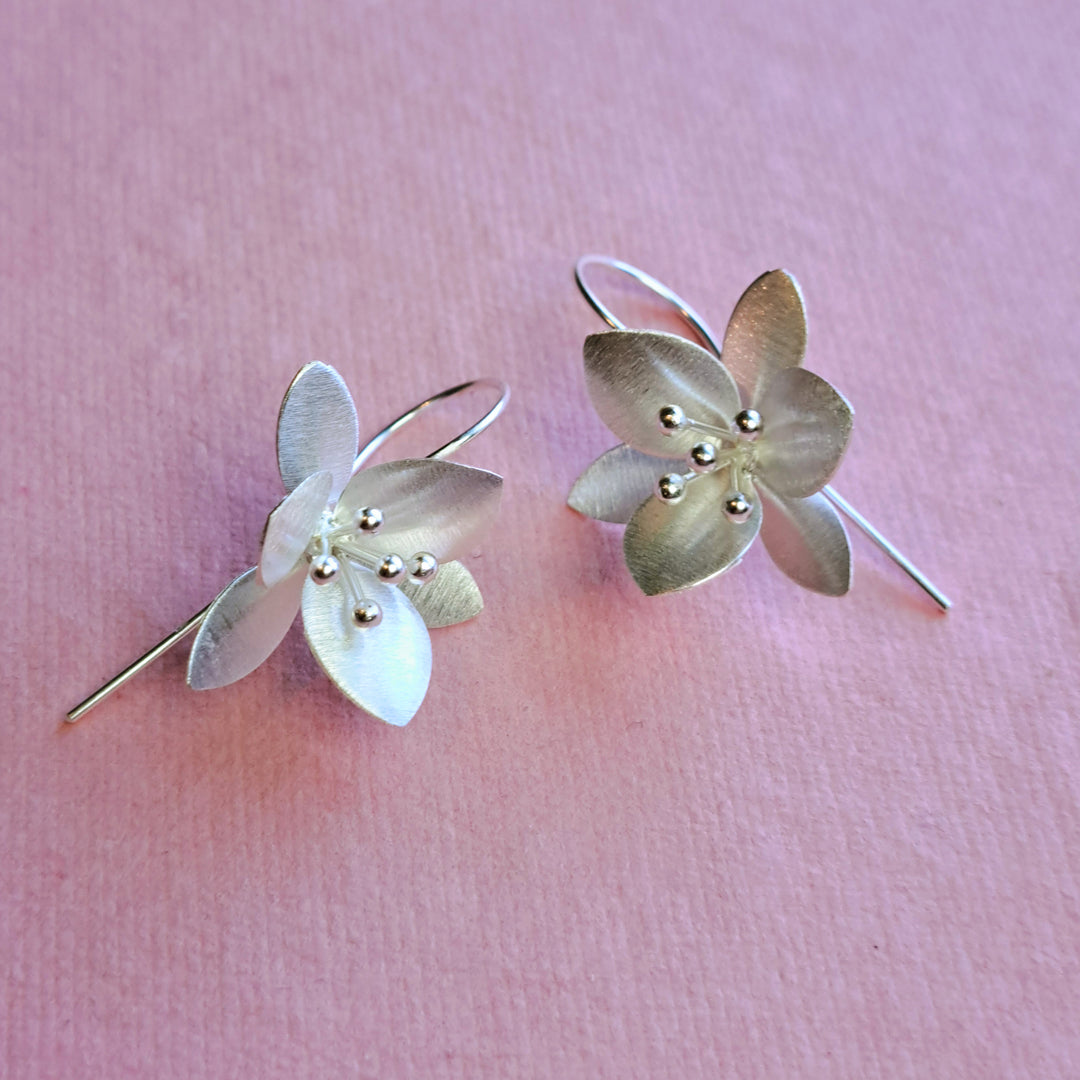 Silver orange blossom flower earrings with threader hooks – alternative view