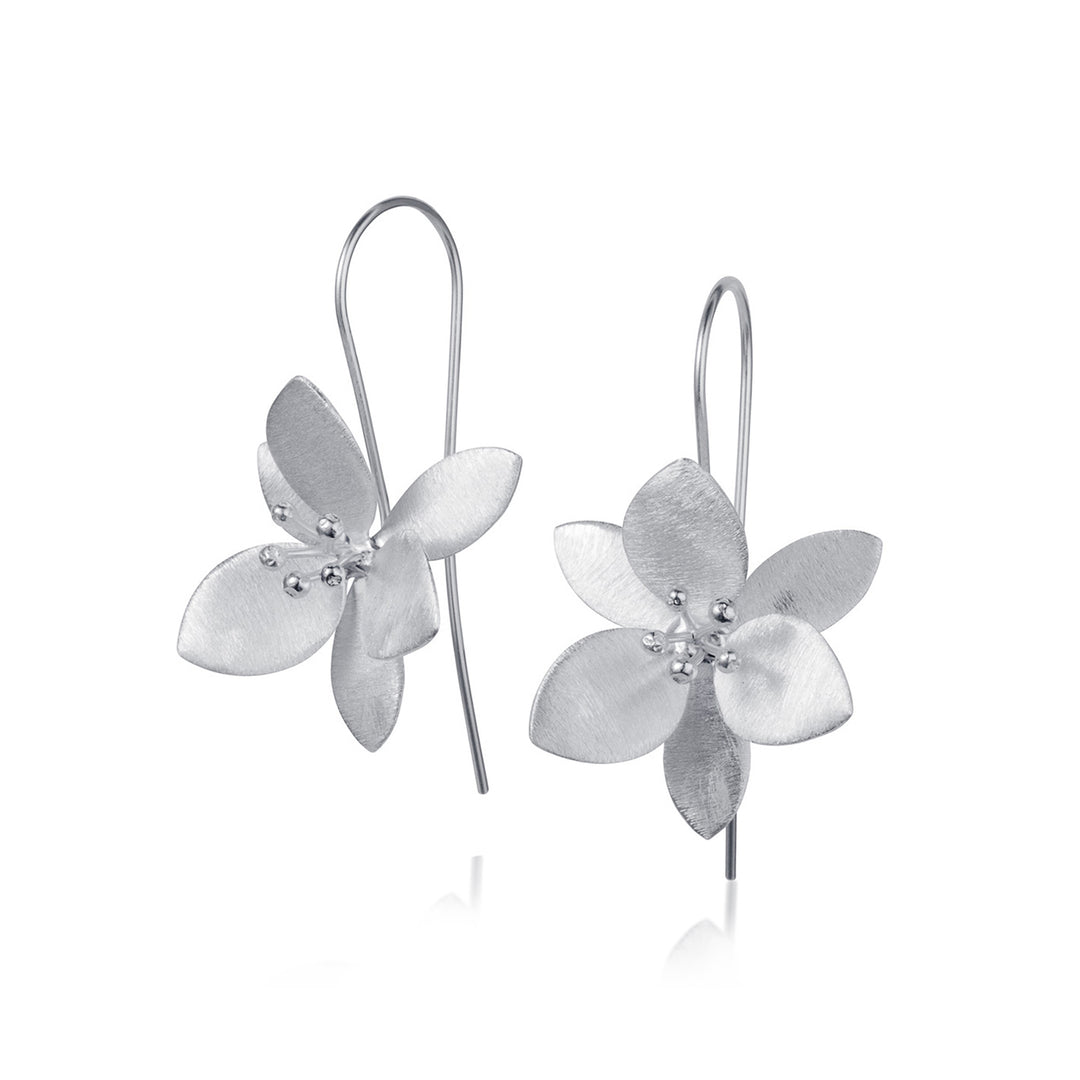 Silver flower-shaped earrings on a white background